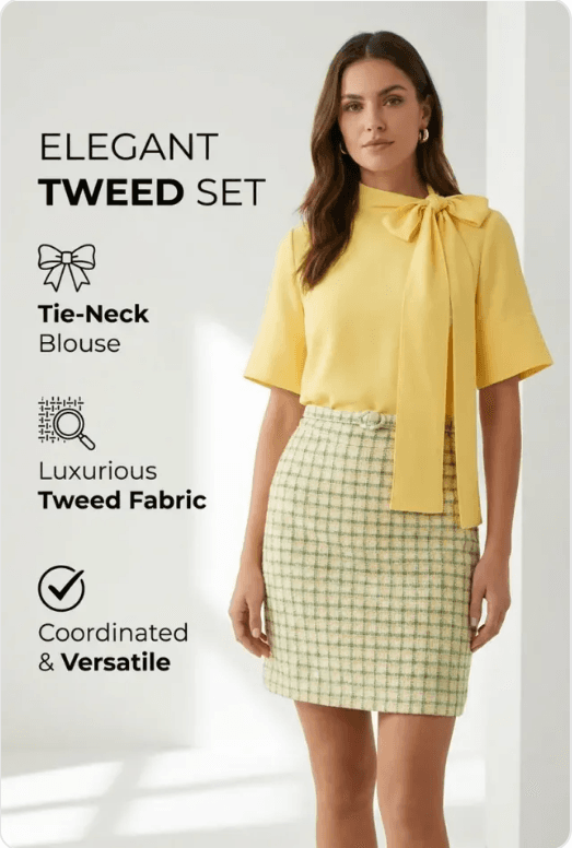Layout reference: Yellow bow blouse & tweed skirt set